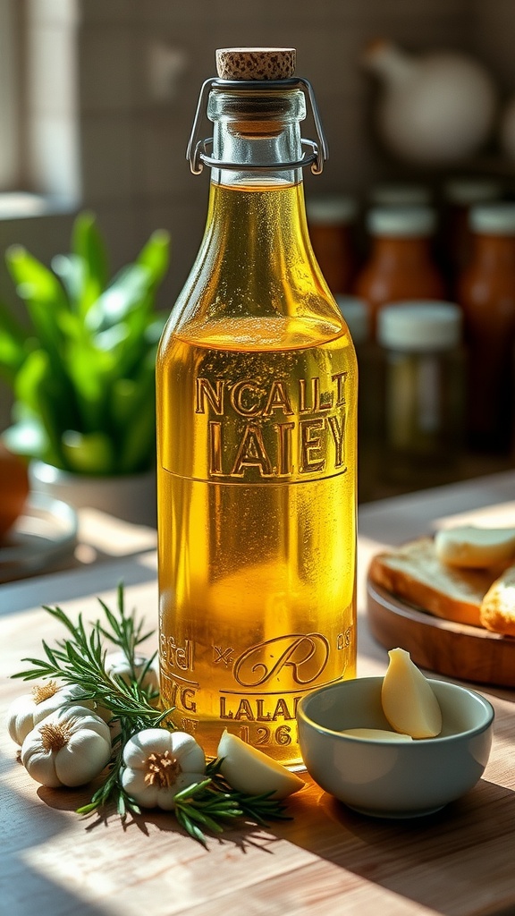 A bottle of garlic infused olive oil with garlic cloves and herbs on a wooden table.